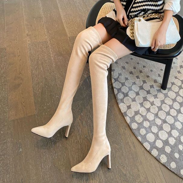 Elegant Stretch Knee-High Boots For Women - Pointed Toe, Slimming Design, Non-Slip Rubber Sole, Chunky Heel (6-8cm), Suede Finish_vogvips.com