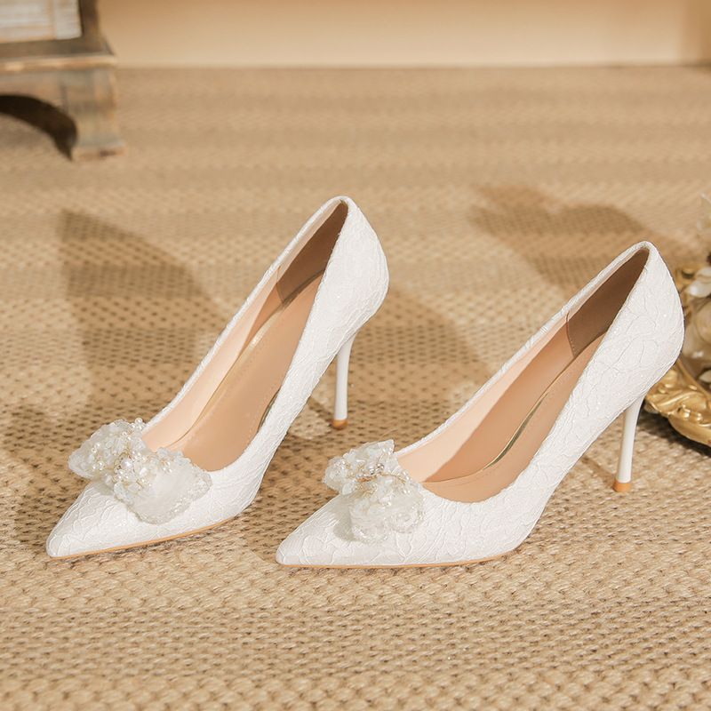 Women's Shoes Elegant Pointed Toe High Heels With Lace Bow Detail - Comfortable Stiletto Pumps For Wedding, Party & Daily Wear (Sizes 31-43, White)_vogvips.com