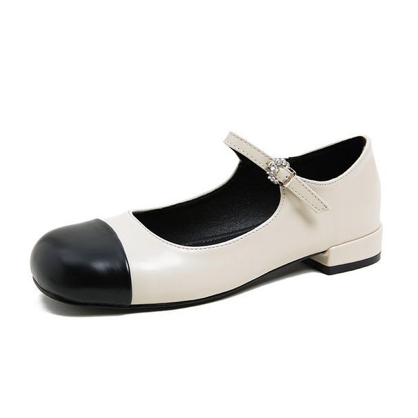 831 Huidong Yixinda 2025 Flat Mary Jane Soft Leather Shallow Mouth Round Toe Color Block Single Strap Women's Shoes_vogvips.com