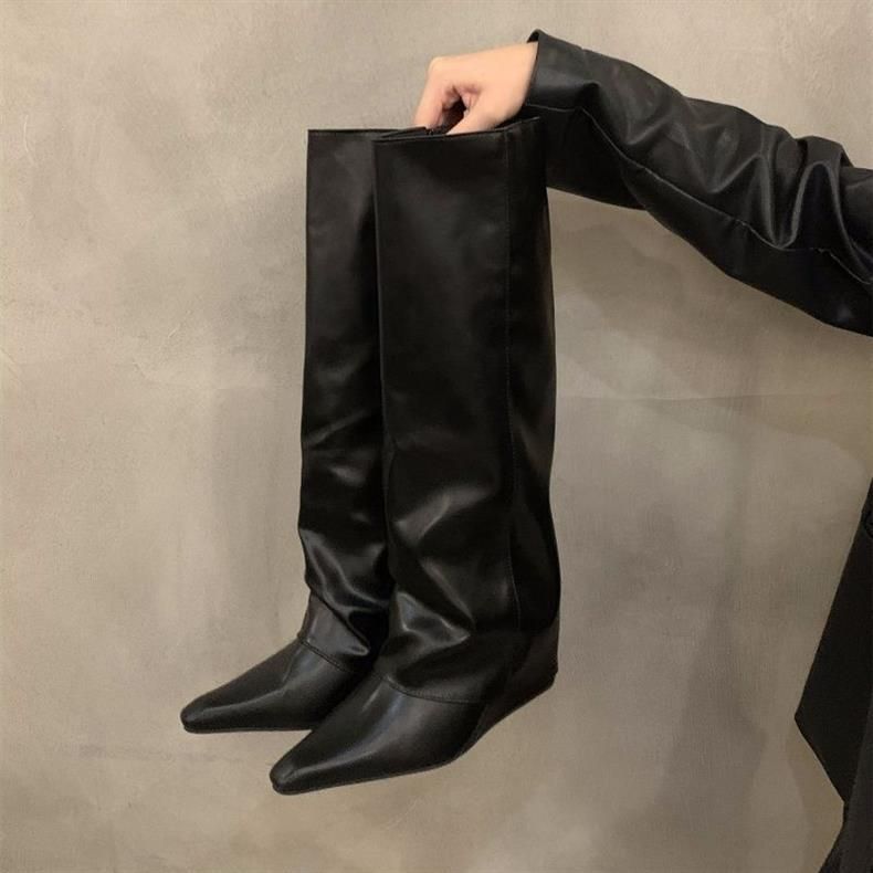 Pointed Toe Chunky Heel Knee-High Boots For Women - Stacked Shaft Retro Riding Boots With PU Upper & Side Zipper | 6-8cm Platform Heel_vogvips.com
