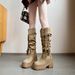 Inner Height Increase Western Cowboy For Women, Autumn Pile Style With Tassels And Ruched Design, Short Boots, Knee-High_vogvips.com