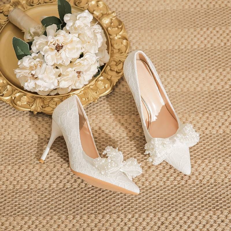 Women's Shoes Classic Style Elegant Basics Casual White Lace High Heels Pointed Toe Stiletto Pumps Wedding Shoes For Bride Fashion Dress Shoes_vogvips.com