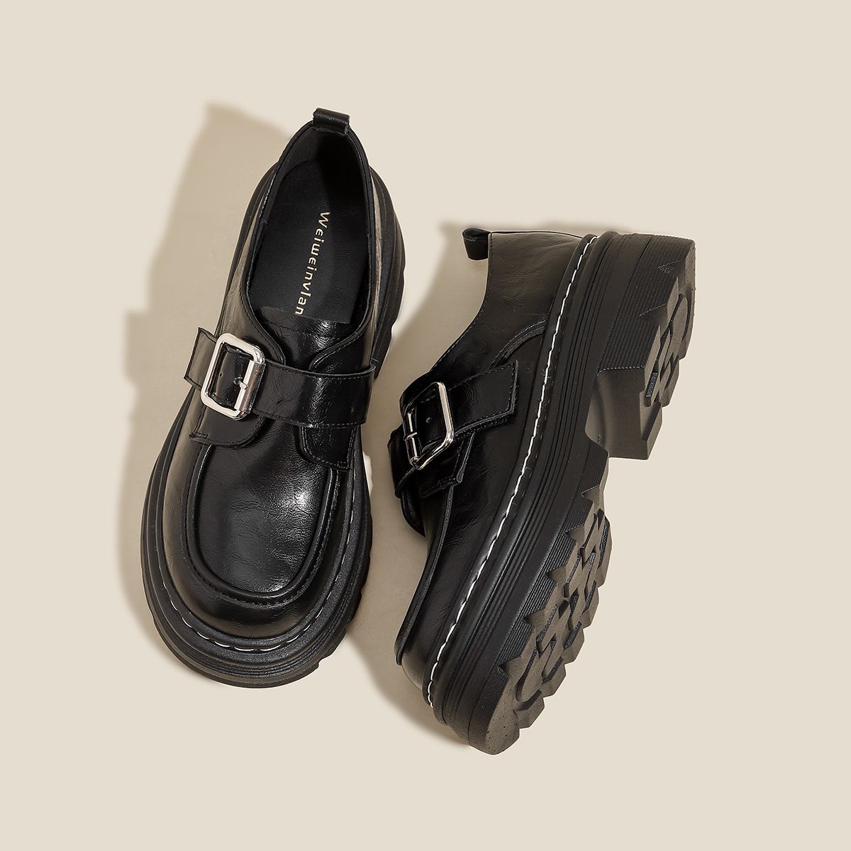 Platform Loafers Women S Autumn And Winter One Word Buckle With Retro Small Leather College Style Single Shoes_vogvips.com