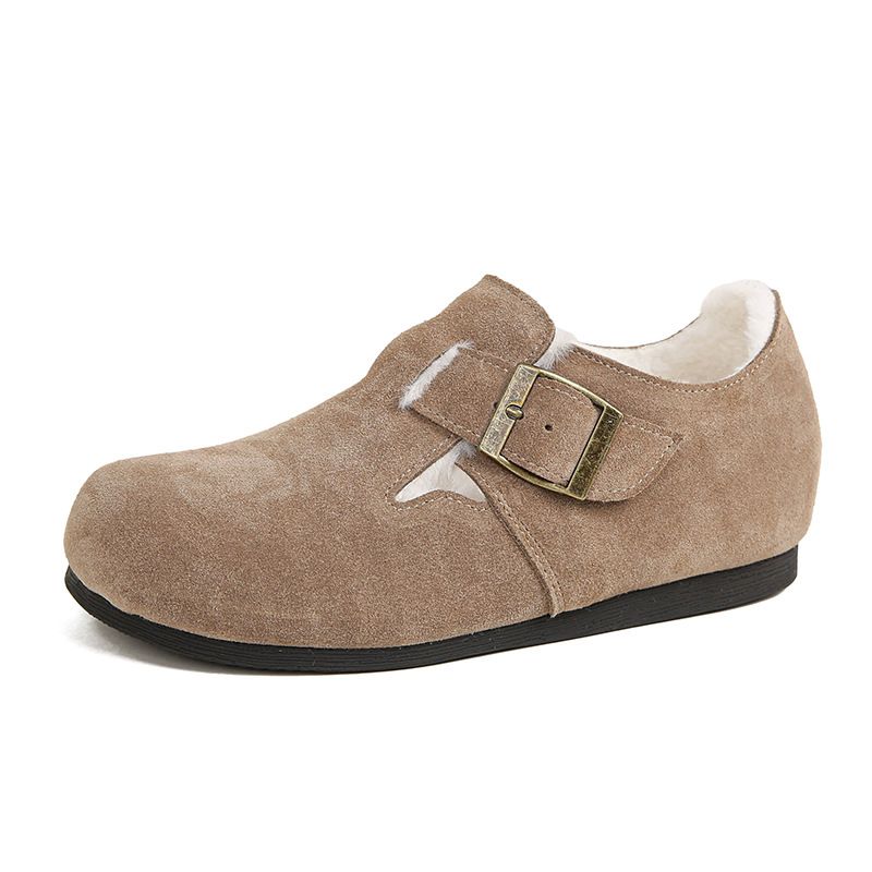 Women's Leather Slide Sandals H-Shaped Strap Flat Sandals Inner Height Increase Genuine Leather Cowhide Versatile Korean Version Fleece Lined Warm Fur_vogvips.com
