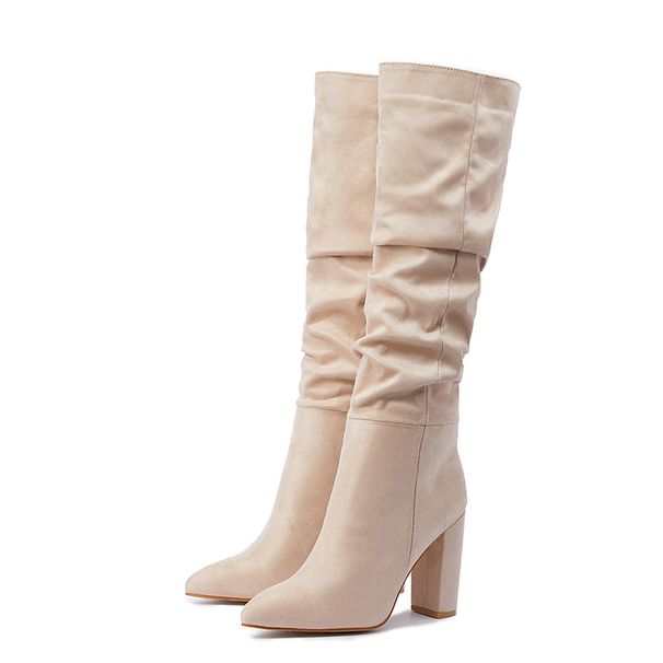 Women's Fashionable Pointed-Toe Over-the-Knee Boots With Chunky Heel - Genuine Leather, Slip-On Design, Breathable Mesh Lining, Winter Ready_vogvips.com