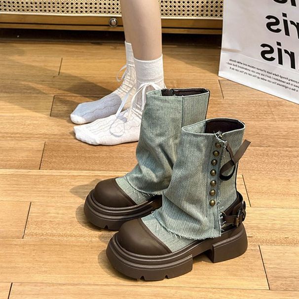 Women's 2026 Autumn And Winter Fashion Short Chimney Waterproof Platform Cowboy Boots, Belt Buckle Pant Boots For Women_vogvips.com