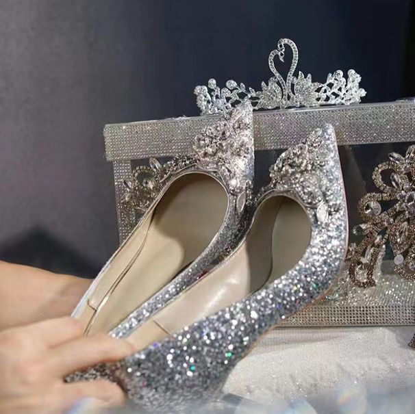 Women's Elegant Pointed Toe High Heels With Rhinestones Glittery Evening Party Wedding Shoes For Bride Bridesmaid Dress Bride Stiletto Heels_vogvips.com