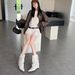 2025 Autumn Winter French Style White Short Fashionable Pointed Toe Wide Tube Slimming Belt Buckle Rivet Wedge Mid-Calf_vogvips.com