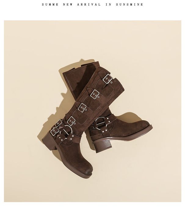 Suede Cow Retro Knight Boots High Waist Belt Buckle Brown Western Cowboy Shoes For Women Not Over The Knee_vogvips.com