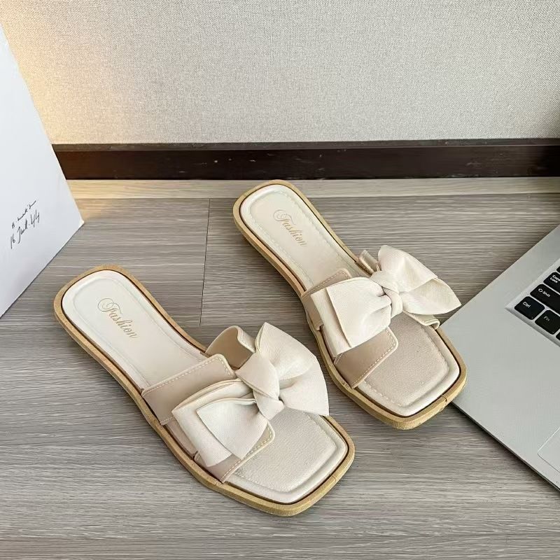 Women's Bow Knot Flat Slippers Summer Versatile Non-Slip Soft Soled Beach Sandals Outdoor Fashion Footwear_vogvips.com