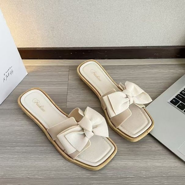 Women's Bow Knot Flat Slippers Summer Versatile Non-Slip Soft Soled Beach Sandals Outdoor Fashion Footwear_vogvips.com