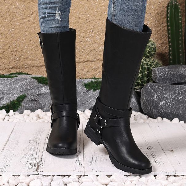 Women's Stylish Low-Heel Riding Boots - Classic Black PU Leather Knee-High Boots For Casual & Office Wear_vogvips.com