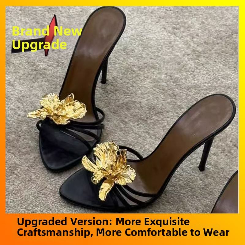 Women's Metallic Flower Stiletto Heels Sandals Black Open Toe Casual Slippers Multi-Color Spring Summer Outdoor Wear_vogvips.com