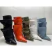 Wrinkled Metal Button Spliced Denim 2024 Women Detachable Mid-calf 34-43 Auto Show Model Fashion Boots_vogvips.com