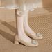 Genuine French-style Rhinestone Square-toed Chunky Heel Pumps, Soft Leather Shallow High-heeled Shoes Bridesmaids And_vogvips.com