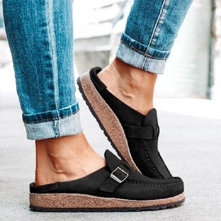 Cross-Border New Sandals Round Toe Low Heel Casual Half Slippers Solid Color Size 43 Retro Women's Shoes_vogvips.com