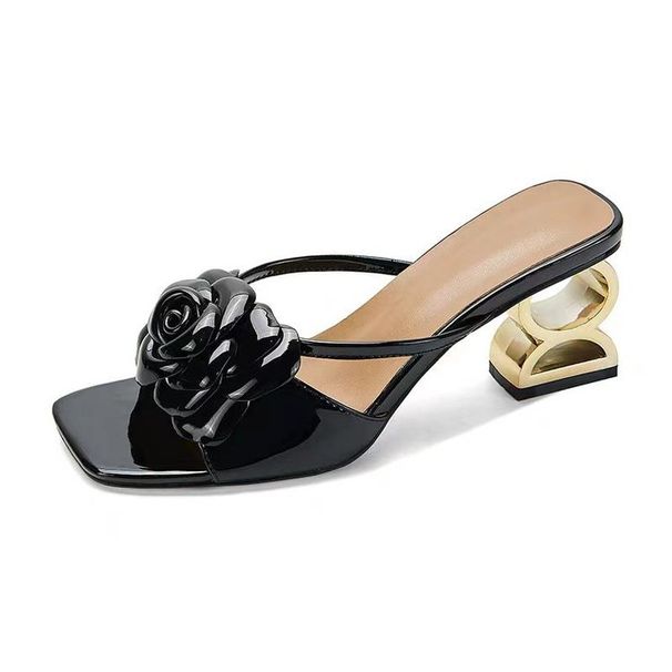Flower Hollow For Women High One Strap Outdoor Fashion Thick Heel Half Support Square Toe New Style Sandals Slippers_vogvips.com