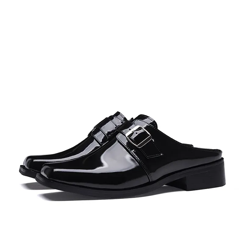 Luxury Patent Mens Half Slippers 2024 Summer New Designer Black Genuine Leather Man Casual Party Business Shoes_vogvips.com