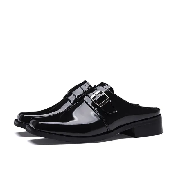 Luxury Patent Mens Half Slippers 2024 Summer New Designer Black Genuine Leather Man Casual Party Business Shoes_vogvips.com
