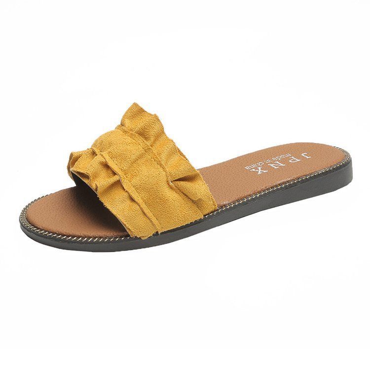 New Korean Style Women's Flat Sandals Fashion Ruffled Flat Slide Sandals For Students Trendy Internet Celebrity Open Toe One Strap Beach Sandals For W_vogvips.com