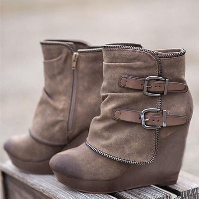 Fashion Women's PU Leather Boots With Chunky Heel & Side Zipper - Round Toe Mid-Calf Boots For Casual Wear (Black, Khaki, Gray)_vogvips.com