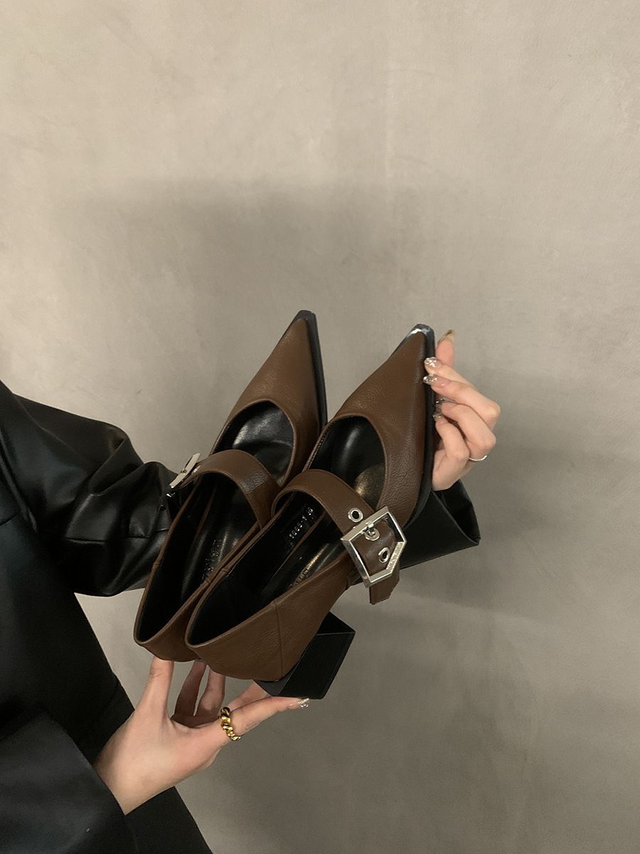 Vintage Pointed-Toe Mary Jane Pumps Women's British Style Flats Chunky Heel Shoes For Spring Autumn French Fashion_vogvips.com