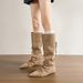 Genuine Leather~ Internal Height Increase Wrinkled Slouchy Long For Women, Autumn And Winter Lace-up Two-Way Wear_vogvips.com