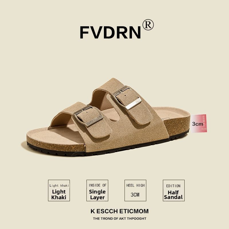 Women's Casual Sandals Full Cowhide Sole Thick Heel Outdoor Wear Retro Double Buckle Half Length Slip-On Shoes_vogvips.com