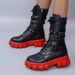 Women's Chunky Sole Buckle Detail Mid-Calf Riding Boots - PU Leather Round Toe Low Heel Side Zipper Boots_vogvips.com