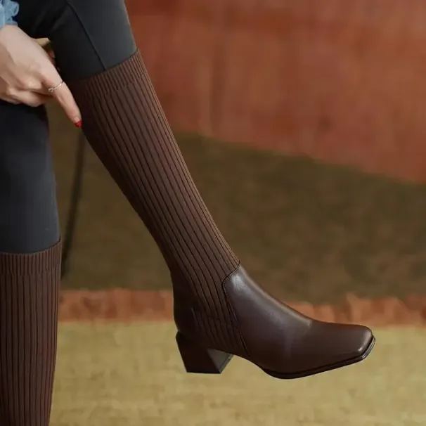 Knee Thick High Socks Winter Womens Long Boots Elegant Autumn Brown Wedge Elastic 241116_vogvips.com