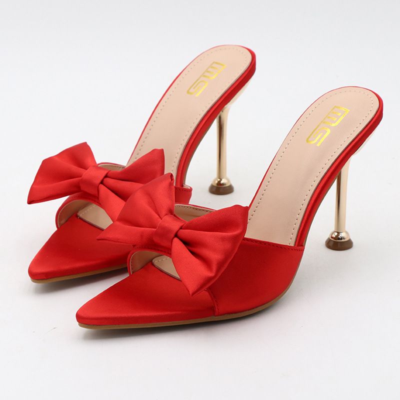 Women's Shoes Sexy Pointed Toe Bow Stiletto Sandals, Simple Solid Color Plus Size Women's Shoes For Wearing Outside._vogvips.com