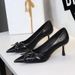 9567-1 European And American Style Retro Patent Leather High-heeled With Pointed Toe, Shallow Cut, Bow Decoration,_vogvips.com