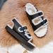 Autumn Winter Trendy Thick Sole One-Strap Fleece-Lined Thickened Lamb Wool Slippers Warm Shoes Double Buckle_vogvips.com