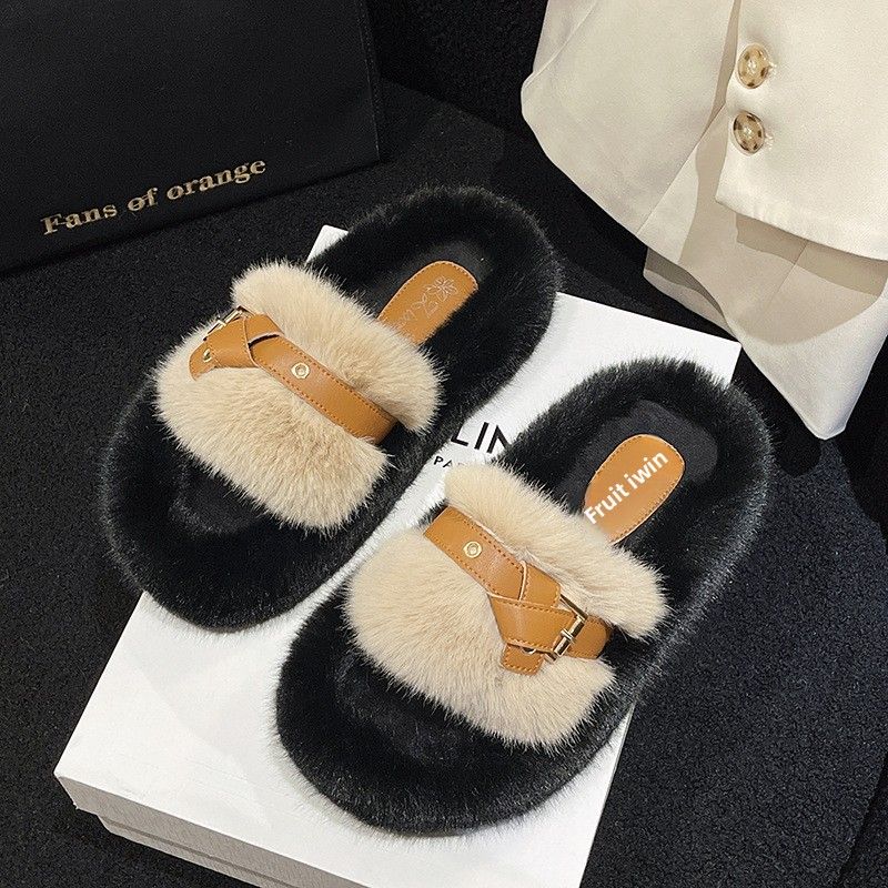 Fuzzy Slippers For Women, High-End Feel, Outdoor Wear, 2025 New Autumn And Winter Cotton Indoor Home Use, One-Word_vogvips.com
