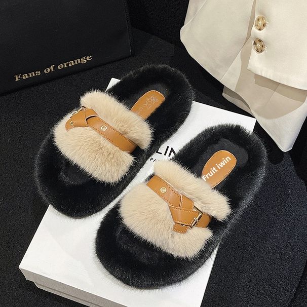 Fuzzy Slippers For Women, High-End Feel, Outdoor Wear, 2025 New Autumn And Winter Cotton Indoor Home Use, One-Word_vogvips.com