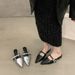 2025 Spring New Chunky Heel Closed Mules For Women Slip-On Pointed Toe Mary Jane Silver Shoes_vogvips.com