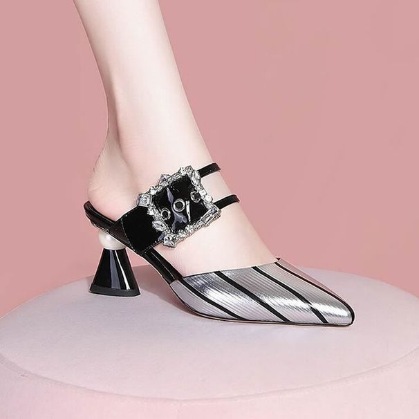 Women's Rhinestone Buckle Mid Heel Pointed Toe Slippers Unique Striped Closed Toe Summer New Style_vogvips.com