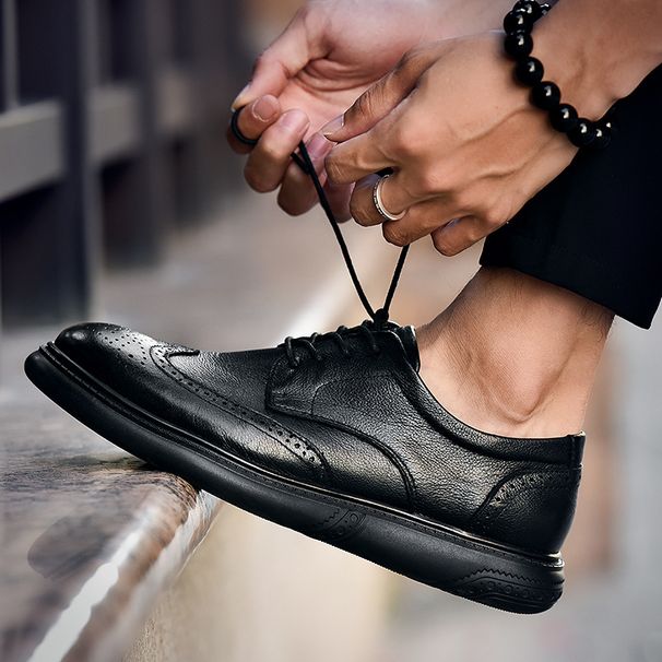 Euro Step First Layer Cowhide Men Genuine Business Brogue British Wedding Leather Soft Sole Formal Derby Men's Shoes_vogvips.com