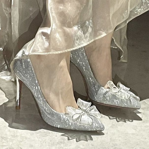 MTX Spring Summer New Silver Rhinestone Bow Crystal Fairy Elegant Socialite Stiletto Women's Single Shoes French High Heels_vogvips.com