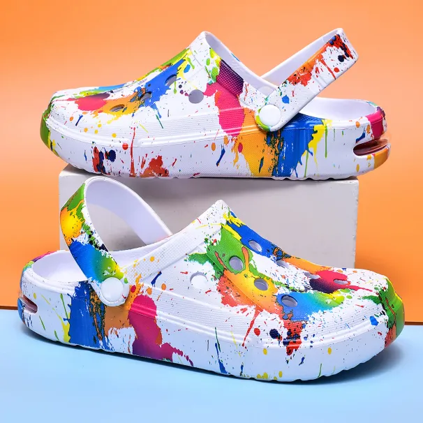 Colorful Men's And Women's Clogs Sandals Slippers Inkjet Pattern Air Cushion Breathable Beach Sandals Outdoor Thick-Soled_vogvips.com
