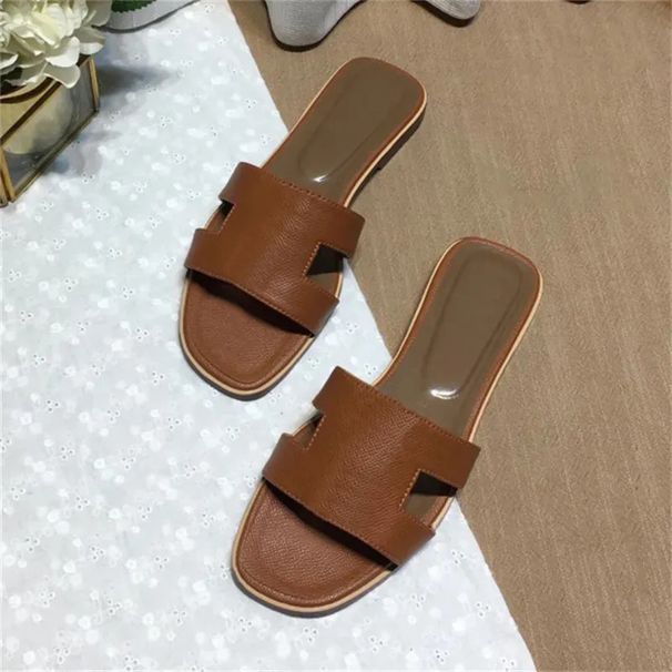 In Stock H Women's Slippers, Solid Color, Flat Sole, Genuine Leather, High-Quality, Comfortable, Lightweight, Suitable_vogvips.com