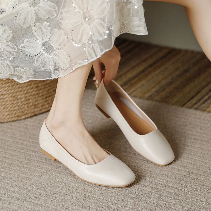 Flat Square Toe 2024 New Shallow Mouth French Evening Style Soft Sole Genuine Leather Large Size Women's Shoes 41 To 43_vogvips.com