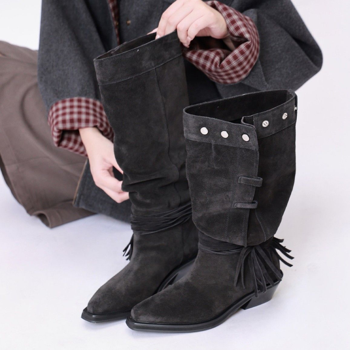 Retro Wasteland Tassel Riding Boots For Women Chunky Heel Over The Knee Slimming Slouch Mid Calf Spring_vogvips.com