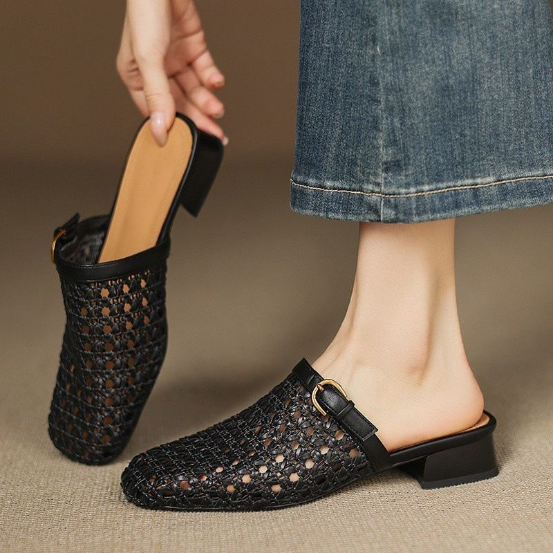 Breathable Woven Hollow Toe Closed-Toe Sandals For Women New Summer Casual Mesh Half Slippers_vogvips.com