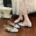 French Silver Pleated Middle Heel Mary Jane Shoes Women's One-word Buckle With Soft Leather Light Mouth Thick Heel High Heels_vogvips.com