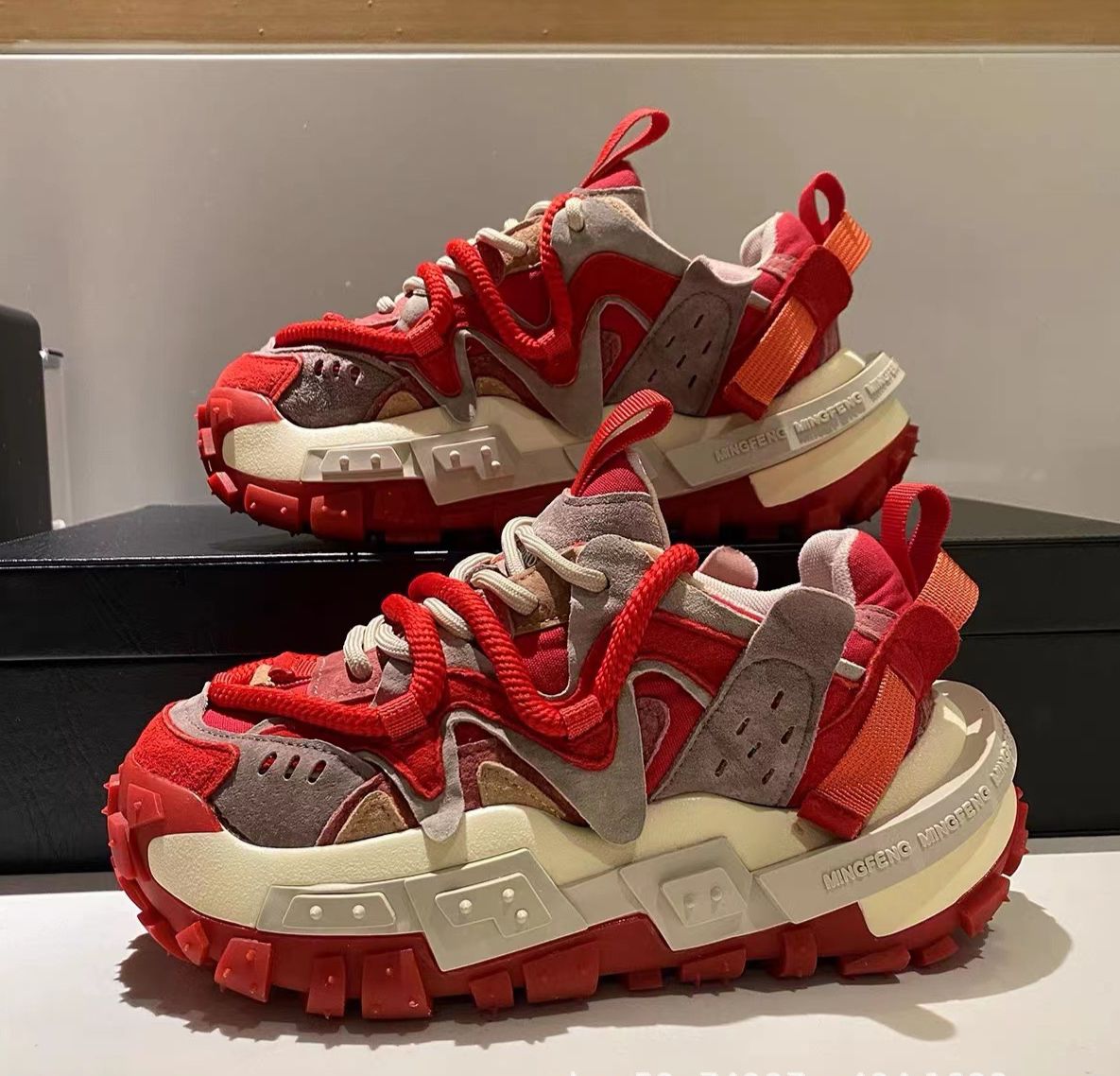 Genuine Leather Non Slip Wear Resistant Color Matching Thick Bottom Platform Tire Bottom Daddy Shoes Sports Shoes Casual Men's Shoes_vogvips.com