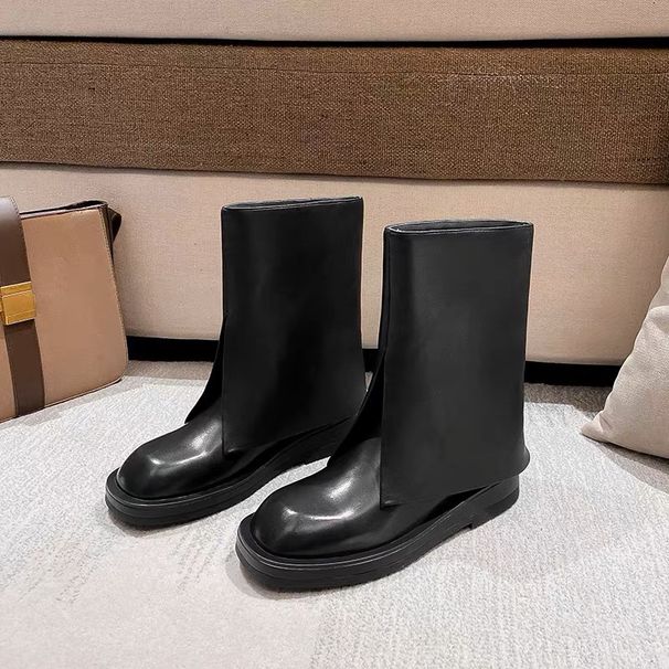 Zhang Xinyu Internet Celebrity Pants Thick Sole Mid-Calf Riding Women Over-the-Knee Genuine Leather High Street Style_vogvips.com