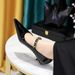 Women's Shoes Medium Heel Glossy Patent Leather Shallow Mouth Pointed Metal Chain One Word Belt Single Shoes Women_vogvips.com
