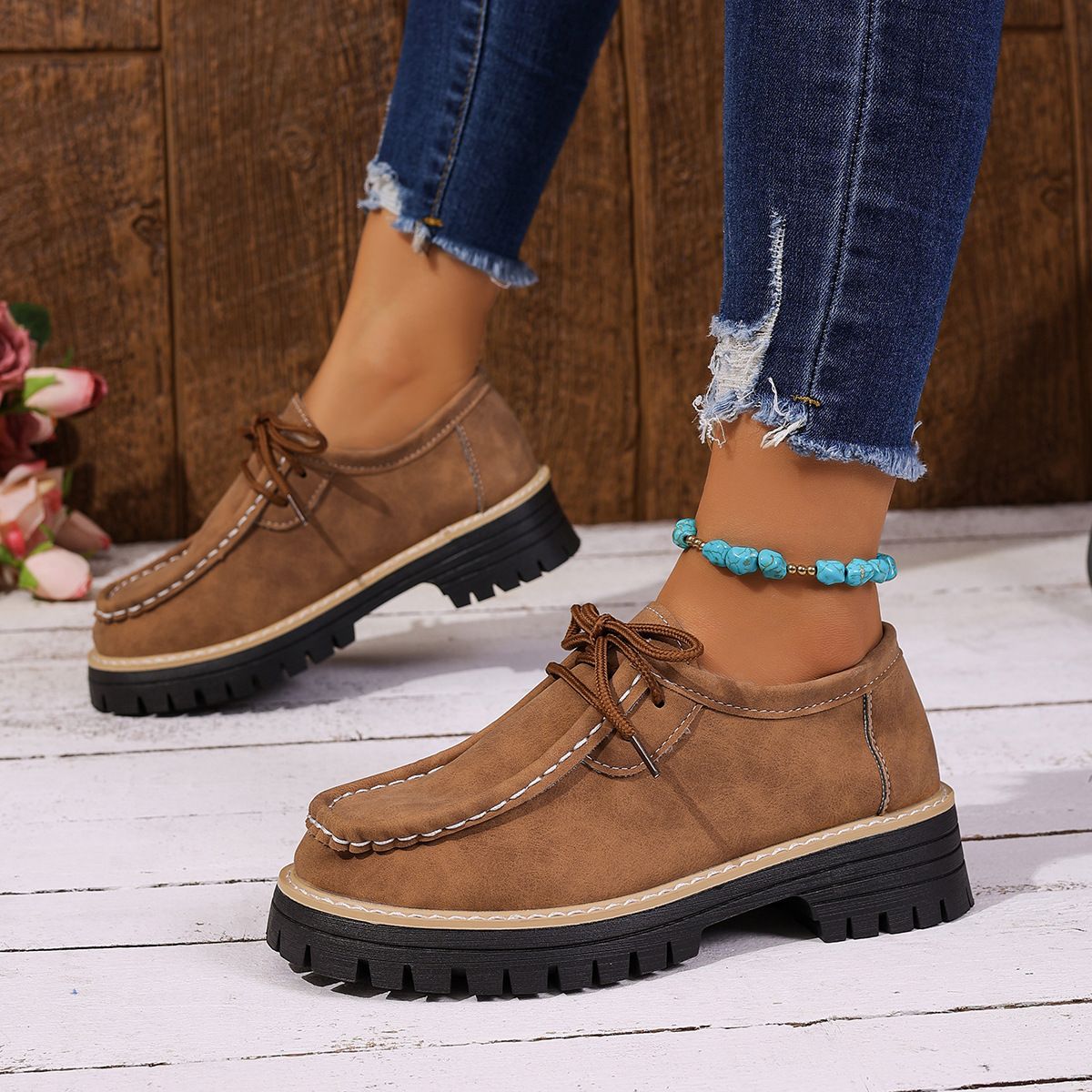 Women's Lace Up Loafers British Style Low Top Shoes Spring New Style_vogvips.com