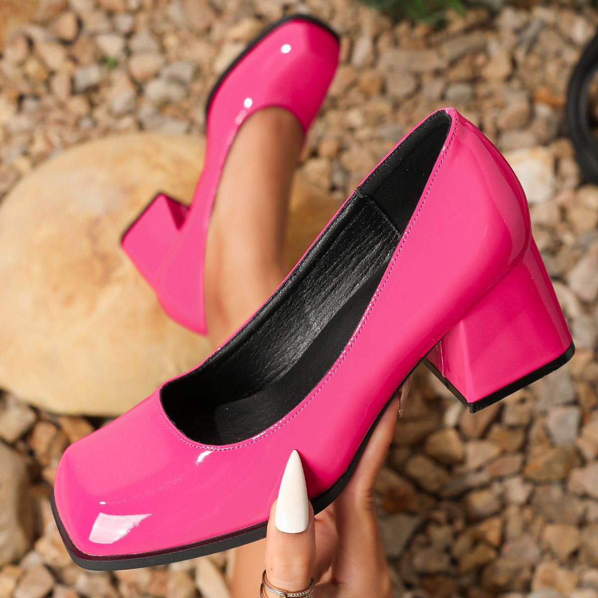 Women's comfy square toe single chunky formal rose heels_vogvips.com